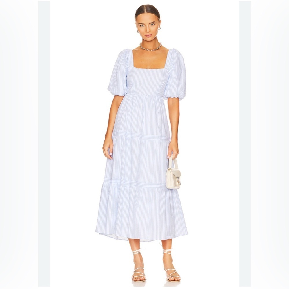 MINKPINK Milani Tiered Midi Dress Blue & White Seersucker Small